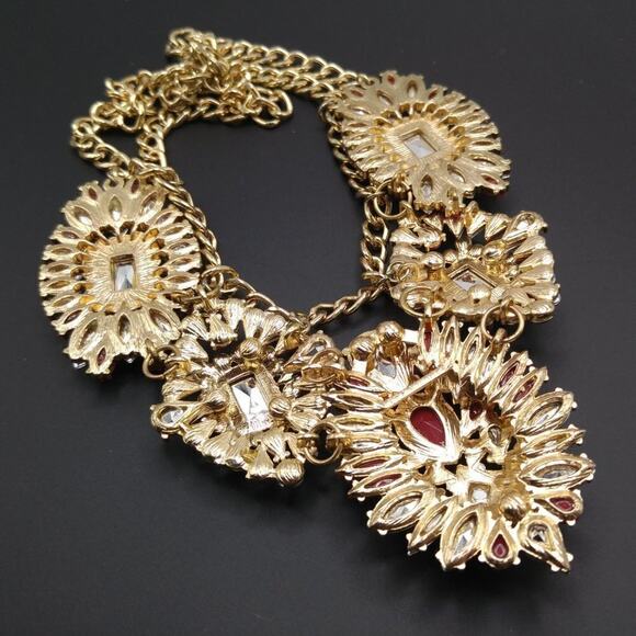 Red White Rhinestones Gold Chain Floral Frontal Statement Necklace, 18 Inches - Picture 9 of 9